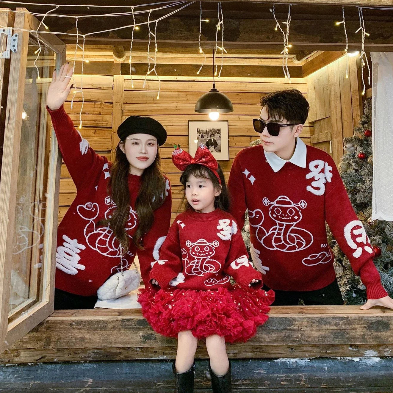 New Year Matching Family Red Chinese Sweater Father Mother and Daughter Son Snake Knit Jumper Infant Baby Knit Romper