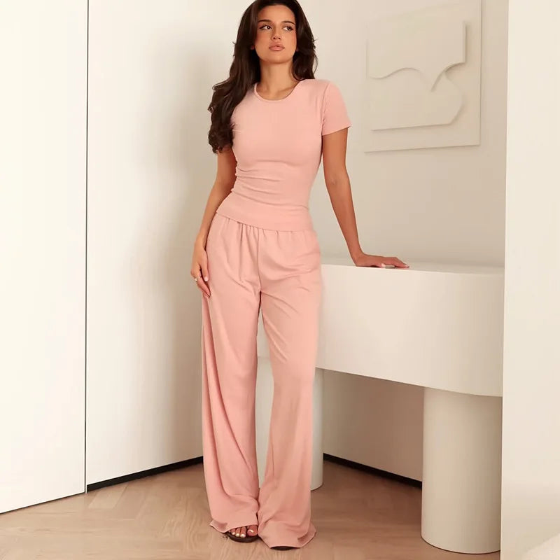 Women’s Casual Two-Piece Set – Slim O-Neck Short Sleeve T-Shirt & Elastic Waist Long Pants, Summer & Autumn Solid Outfits