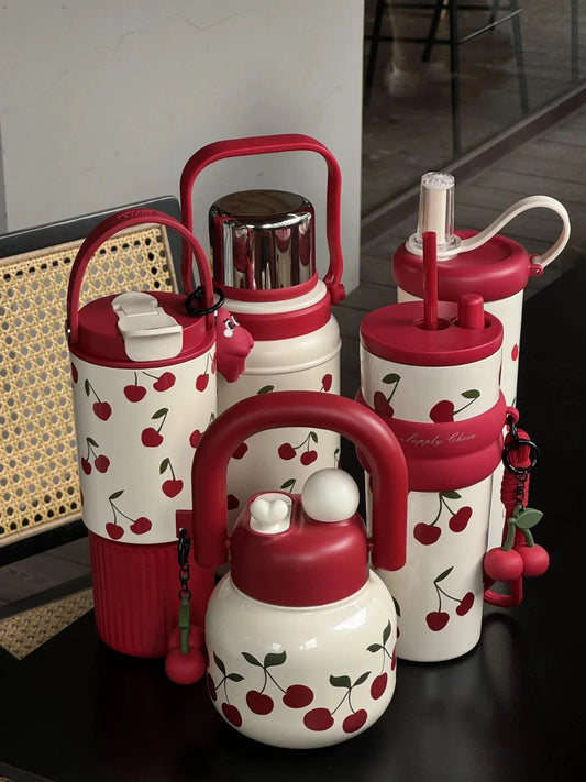 Portable Cherry Series Stainless Steel Insulated Straw Tumbler – Double-Wall Vacuum Travel Water Bottle for Hot & Cold Drinks