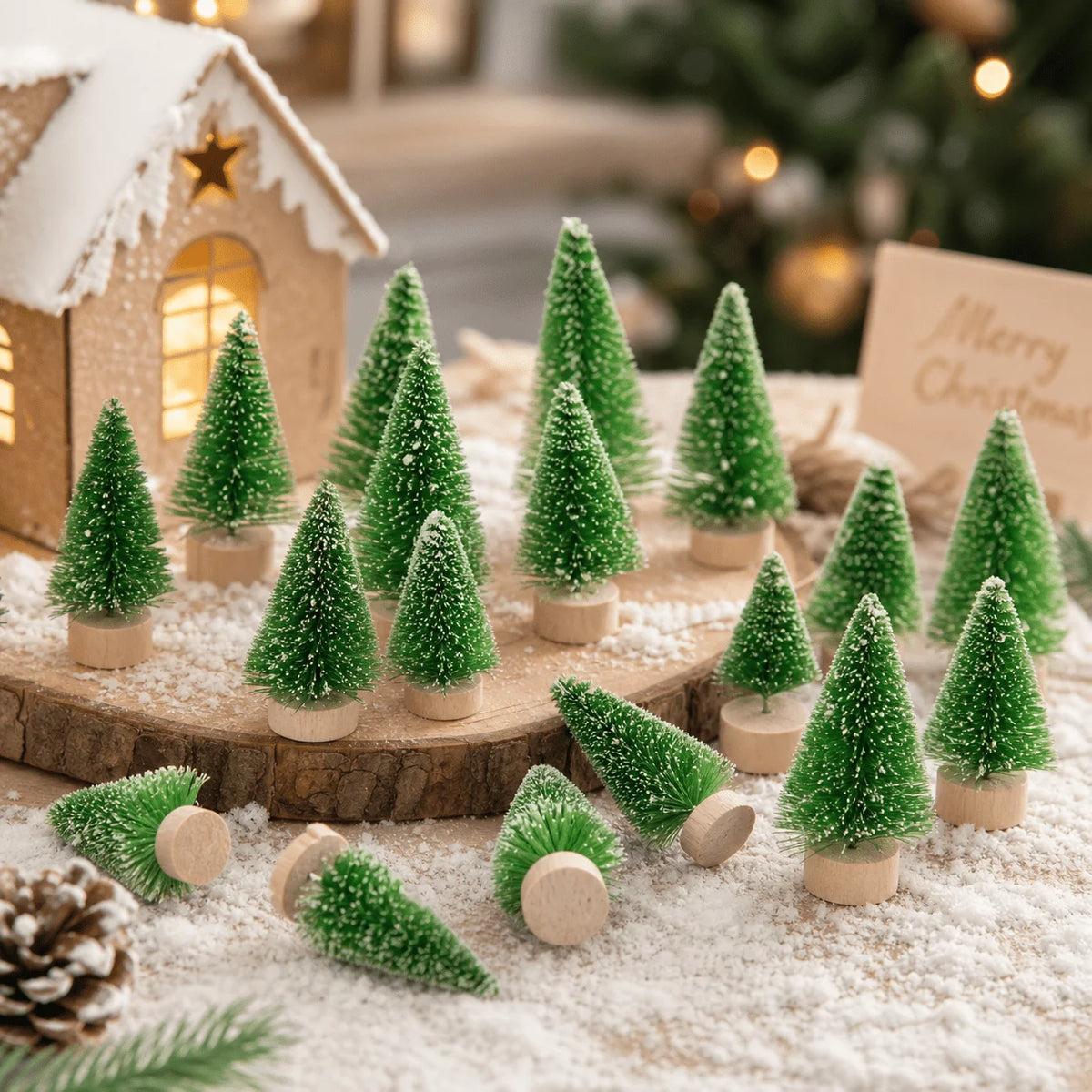 50-Piece Mini Snow-Flocked Bottle Brush Christmas Tree Set with Wooden Bases for Holiday Villages, Tabletop Displays and DIY Winter Crafts