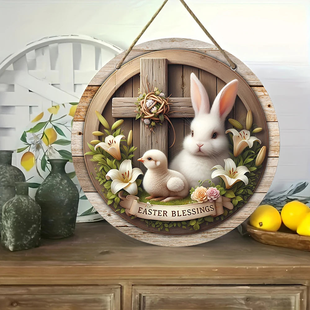 1pc 2D Rustic Easter Wooden Sign Bunny Rabbit Wood Welcome Sign for Easter Spring Holiday Front Door Home Wall Hanging Decor