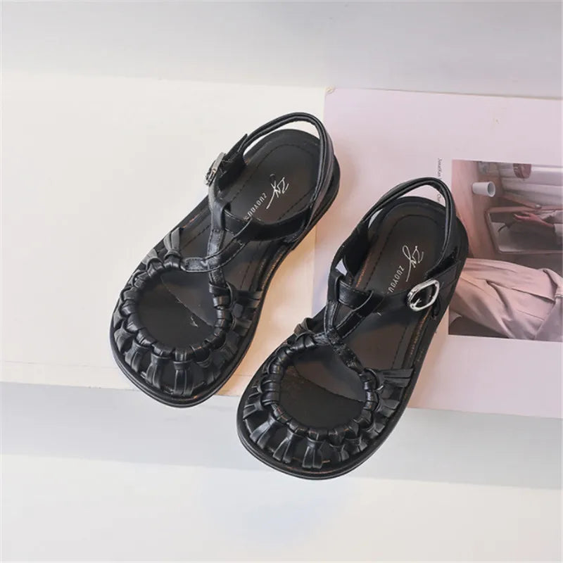 2025 New Summer Children Sandals Leather Cut-out Kids Sandals Soft Sole Non-slip Beach Shoes Fashion Girls Sandals 26-37