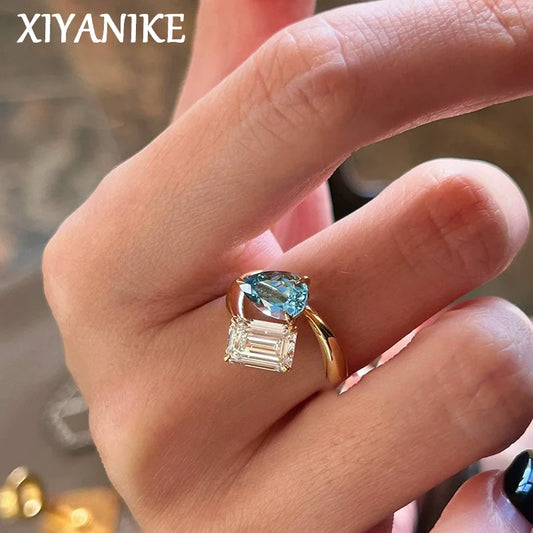 xiyanike Women's Adjustable Blue and Clear Zircon Two-Stone Ring, Geometric Open-Band Cocktail Jewelry