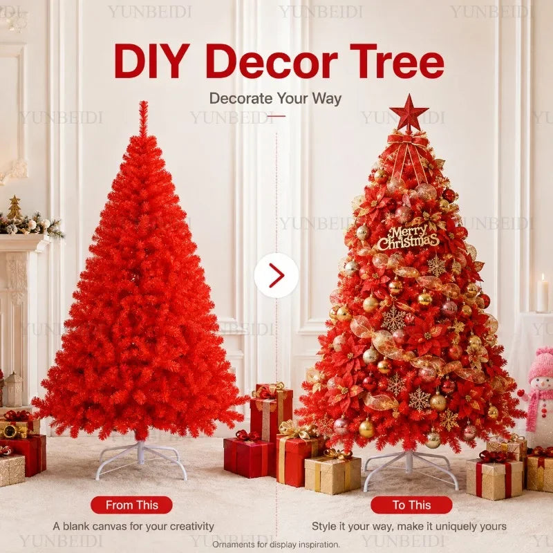 Red Artificial Christmas Tree, 120–240 cm PVC Holiday Tree with Optional Warm White USB LED Lights for Indoor Decorating