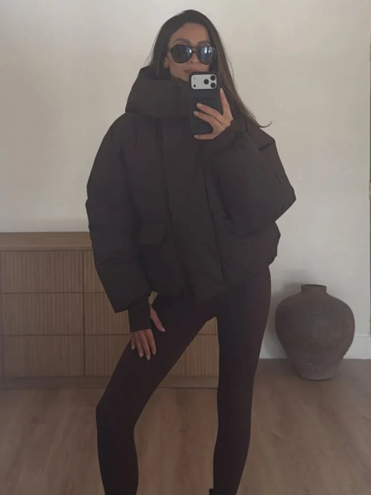 Women’s Hooded Cotton Winter Jacket – Solid Color Short Coat with Zipper Pockets, Warm Casual Outerwear
