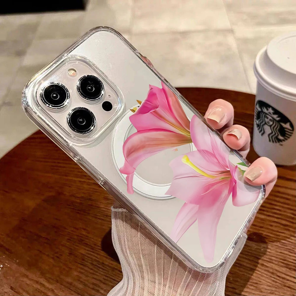Pink Lily Cherry Blossom Magnetic Clear Phone Case for iPhone