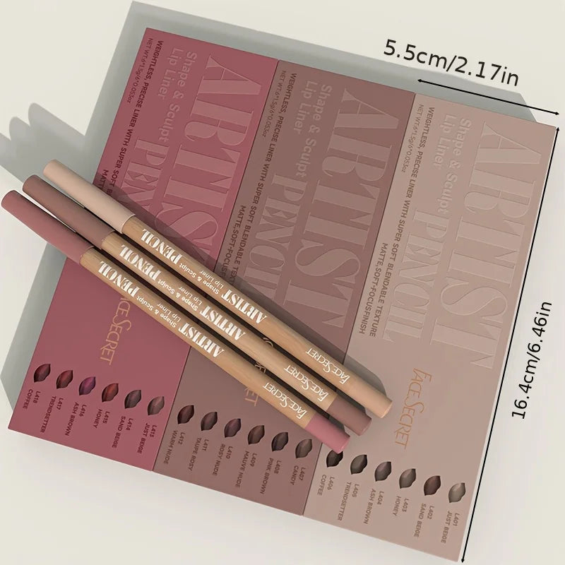 Velvet Matte Lip Liner Pencil Set (6-Piece), Long-Lasting, Smooth Lip Definition