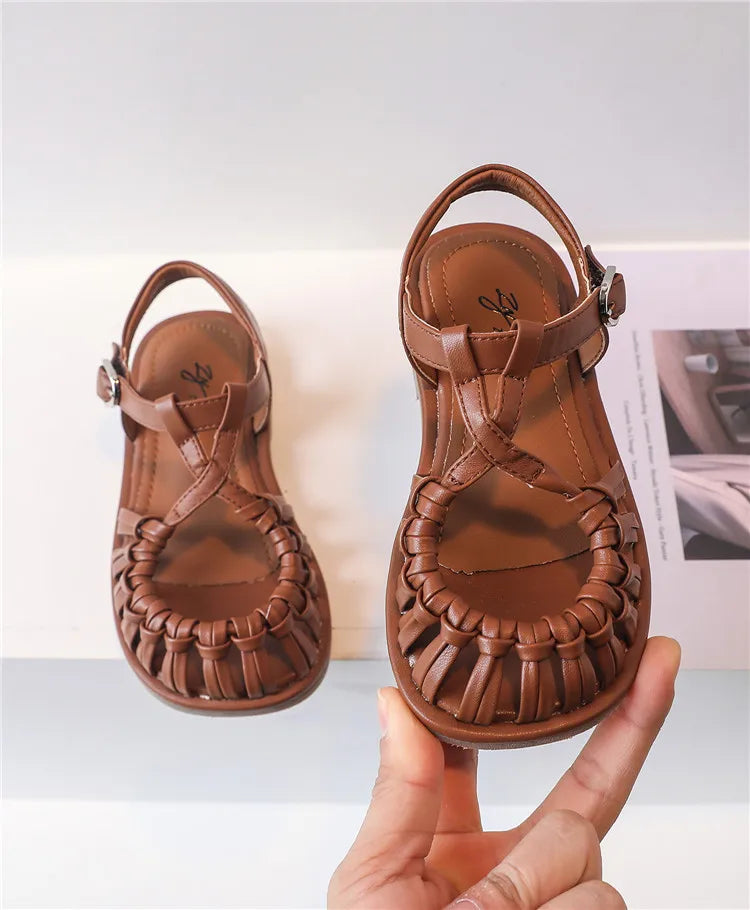 2025 New Summer Children Sandals Leather Cut-out Kids Sandals Soft Sole Non-slip Beach Shoes Fashion Girls Sandals 26-37