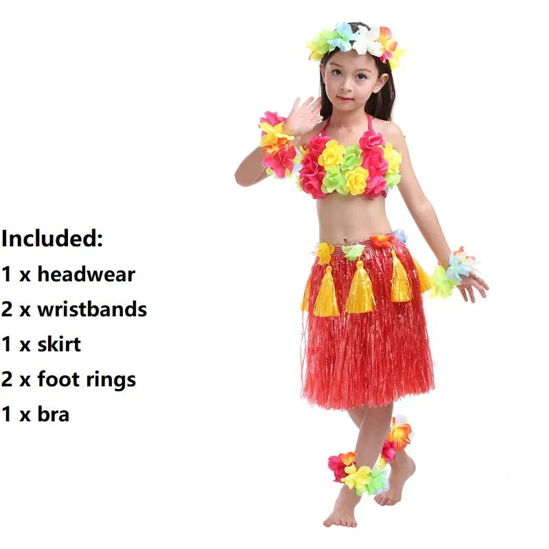 Hawaiian Hula Costume Set for Kids & Teens – Grass Skirt, Top, Flower Lei Necklace, Headband, Anklets & Bracelets (40 cm)