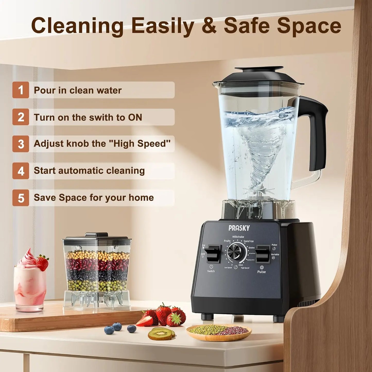 PRASKY 2400W Professional Blender & Grinder Combo – 25,000 RPM High-Speed Kitchen Blender, 68oz BPA-Free Pitcher, 2 Containers, Ice Crusher for Smoothies, Shakes & Frozen Drinks