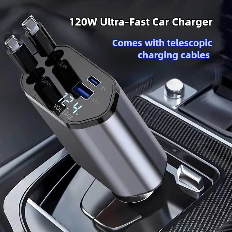 Retractable Car Charger 4-in-1 Fast Charging Adapter 120W