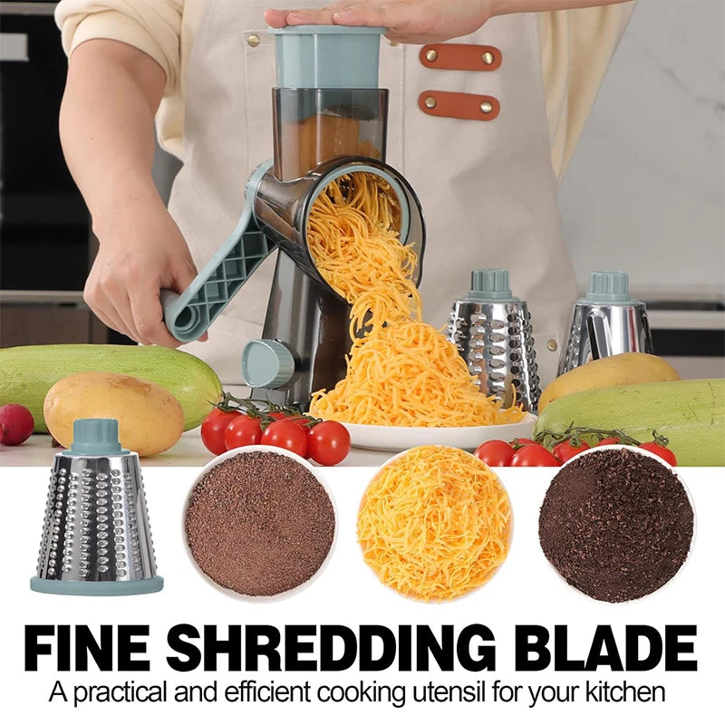 3-in-1 Rotary Cheese Grater – Manual Vegetable Slicer and Nut Grinder with Stainless Steel Blades