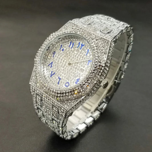 MISSFOX Luxury Diamond Iced Out Men's Quartz Watch, Arabic Numerals Waterproof