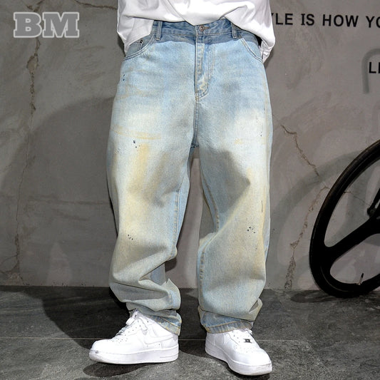 Men's Light Blue Streetwear Cargo Jeans – Paint Splatter Denim, Baggy Fit, High-Quality Pants