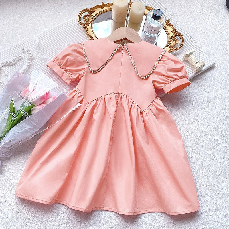 Fashion LOVE DD&MM Girls Princess Dresses Summer Casual Kids Sweet Pearl Short Sleeve Dress Baby Costume Party Vestidos Clothes Outfits