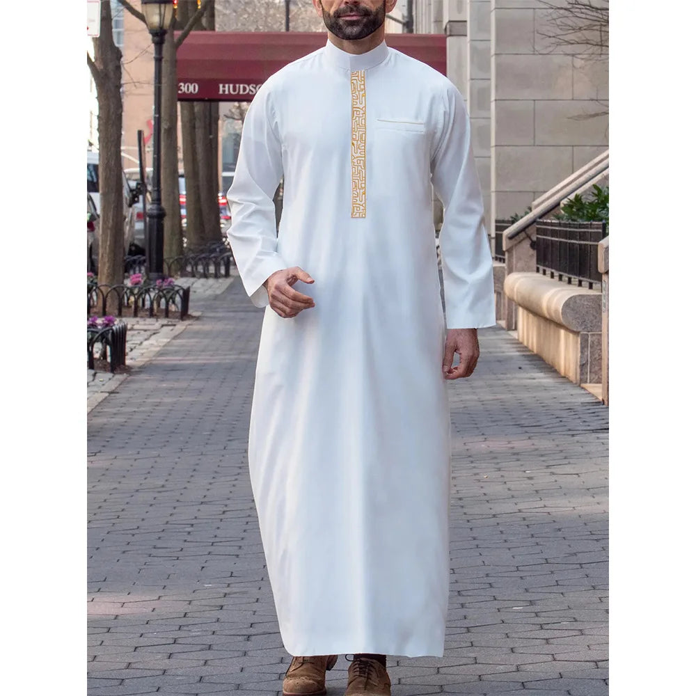 Muslim Men’s Embroidered Robe – Retro Long Sleeve Thobe, Casual Loose Fit Islamic Kaftan for Eid, Prayer & Daily Wear