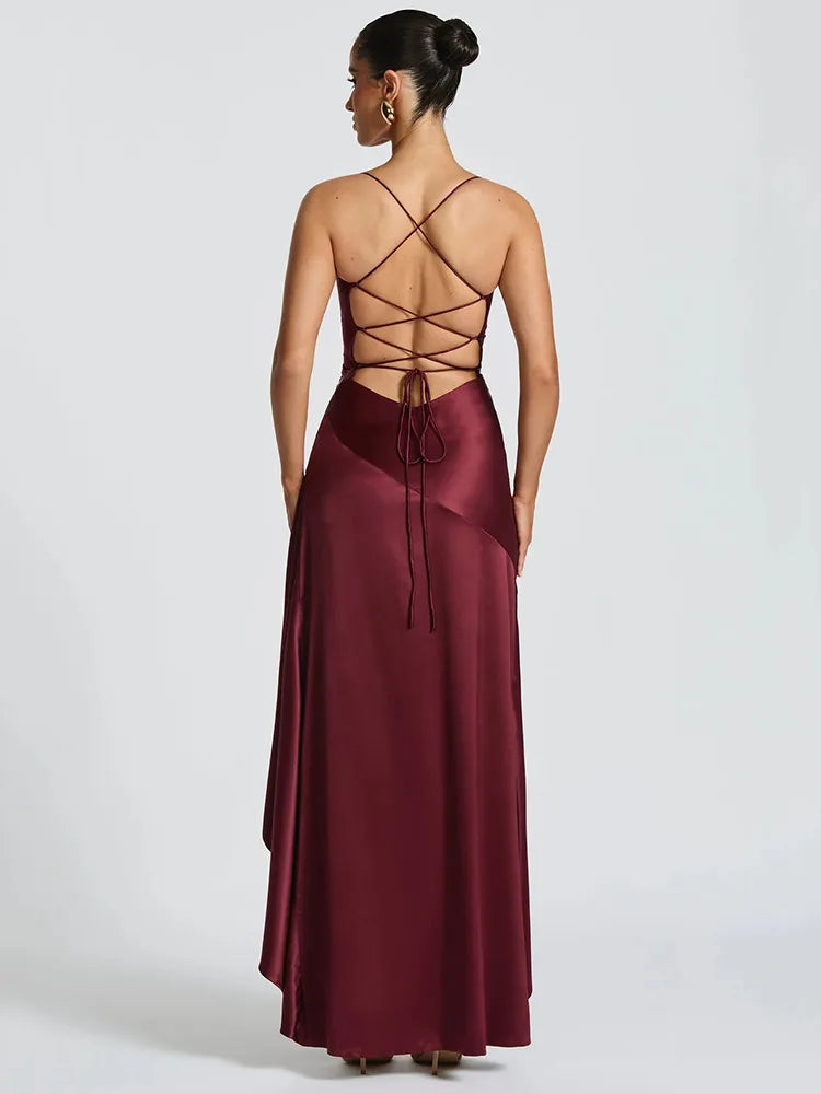 Elegant Spaghetti Strap Satin Split Maxi Dress for Women – Sexy Backless Bodycon Party & Evening Dress, Perfect for Summer Holidays & Beachwear