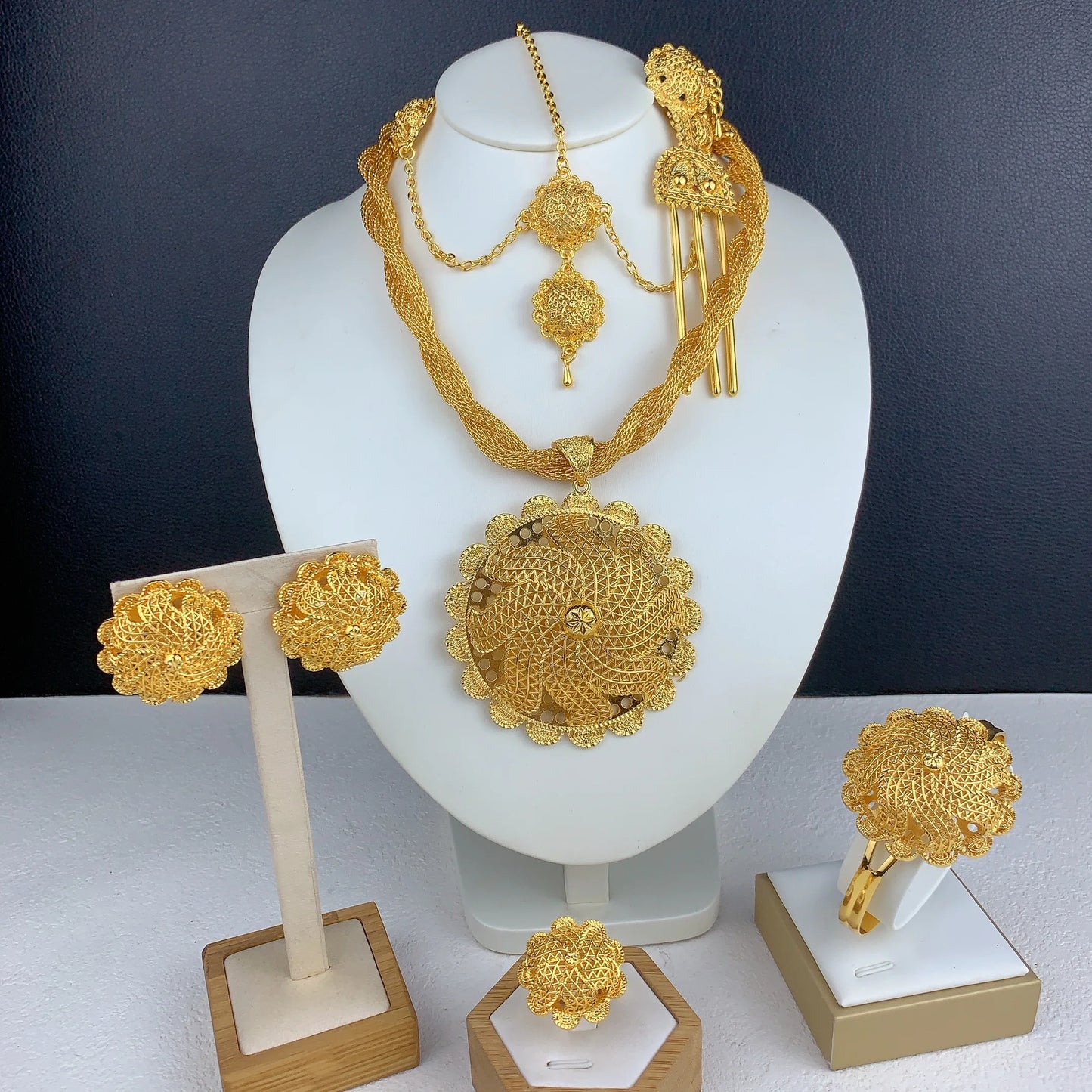 African Ethiopian Eritrean Habesha Dubai 24K Gold-Plated Flower Pendant 6-Piece Jewelry Set