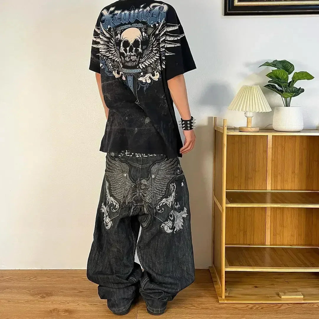 Embroidered Denim Jeans with Cherry Blossom, Dragon and Graphic Designs