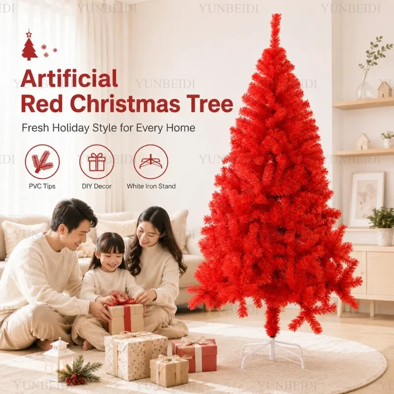 Red Artificial Christmas Tree, 120–240 cm PVC Holiday Tree with Optional Warm White USB LED Lights for Indoor Decorating