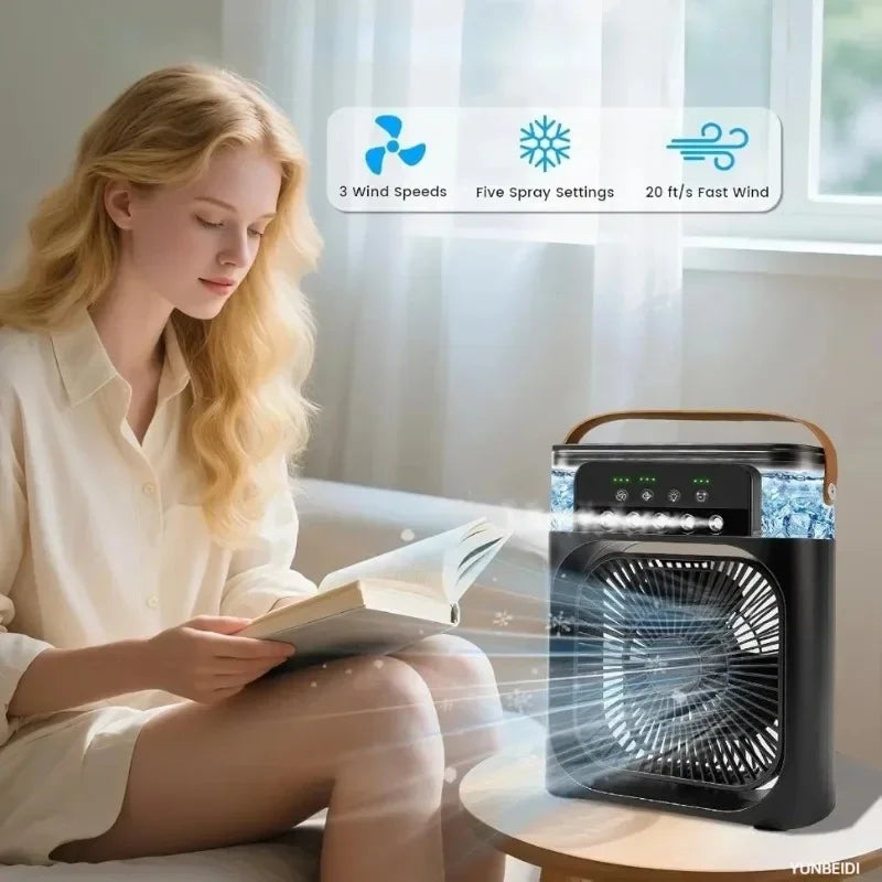 3-in-1 Desktop Air Cooler Fan with Humidifier, LED Light & Timer – Portable USB Spray Fan for Home & Office