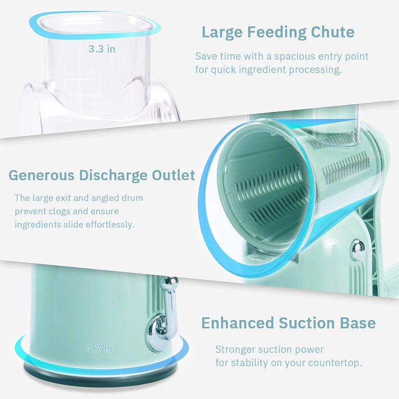 Rotary Cheese Grater with Hand Crank – 5-in-1 Kitchen Shredder & Slicer with Replaceable Stainless Steel Blades for Cheese, Vegetables & More