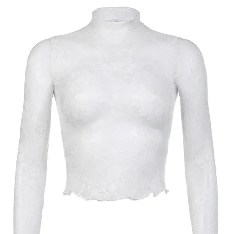 Women's Sheer Lace Top – Long Sleeve Rose Pattern, Slim Fit Fashion Blouse