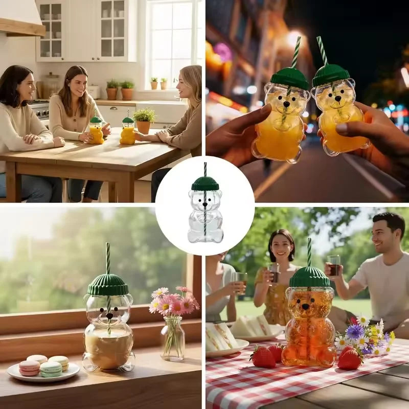 500ml Cute Bear Shaped Cup with Straw – Transparent Cartoon Coffee, Milk & Water Tumbler