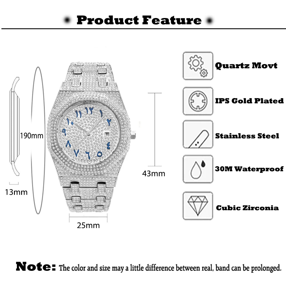 MISSFOX Luxury Diamond Iced Out Men's Quartz Watch, Arabic Numerals Waterproof