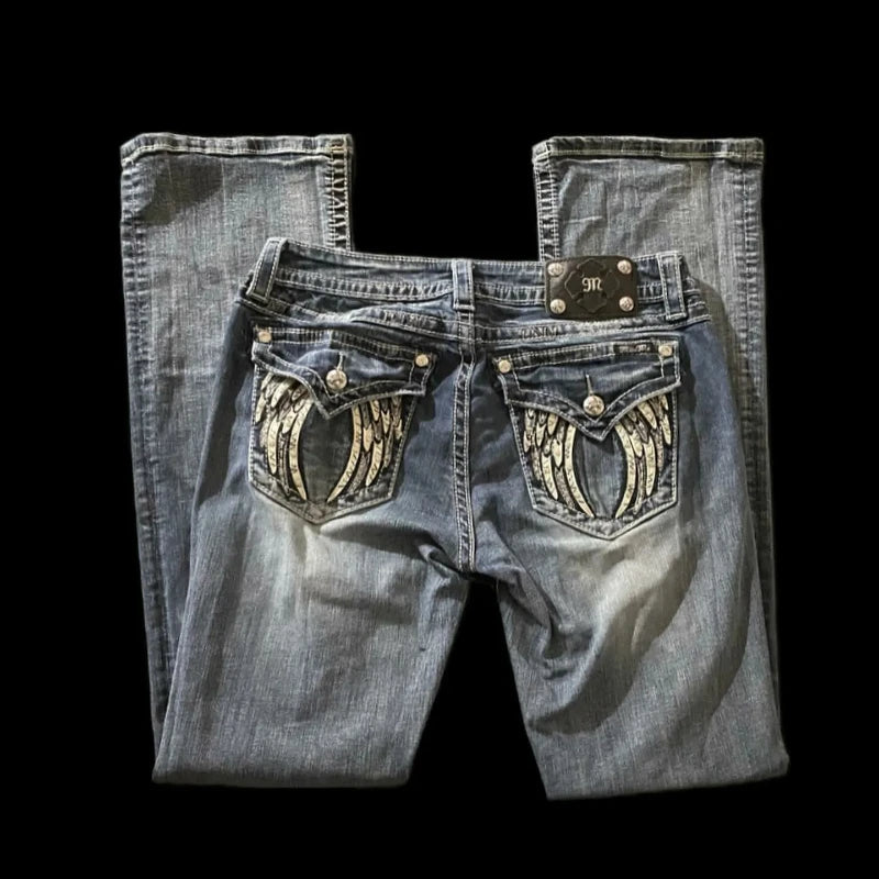 Women’s Distressed Straight-Leg Jeans – Vintage Wash Denim Pants with Embroidered Pockets, Casual Street Style