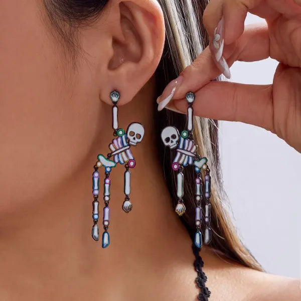 rinhoo Halloween Skull and Skeleton Dangle Earrings for Women, Gothic Zinc Alloy Statement Jewellery for Punk Outfits and Costume Parties
