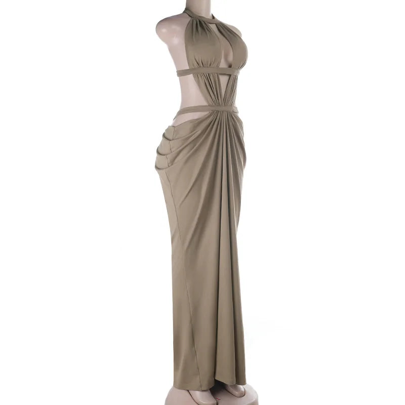 Women's Halter Cut-Out Backless Maxi Dress, Sleeveless Floor-Length