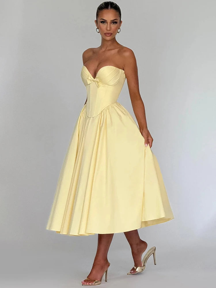 Elegant Off-Shoulder Strapless Midi Dress for Women – Sleeveless, Backless, A-Line Party Dress with Bow Detail