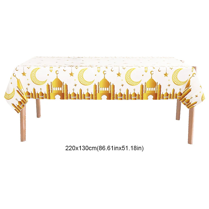 Ramadan Decor Tablecloth Eid Mubarak Disposable Waterproof Table Cover 2025 Islamic Muslim Party Home Decoration Gifts 220x130cm