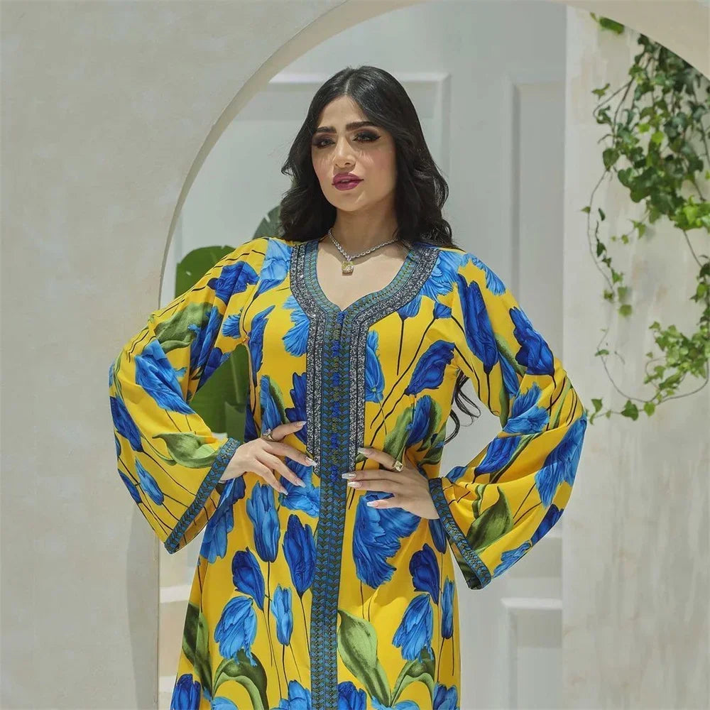 Elegant Ethnic Print Abaya Maxi Dress for Women – Muslim Jalabiya Modest Kaftan for Spring & Autumn
