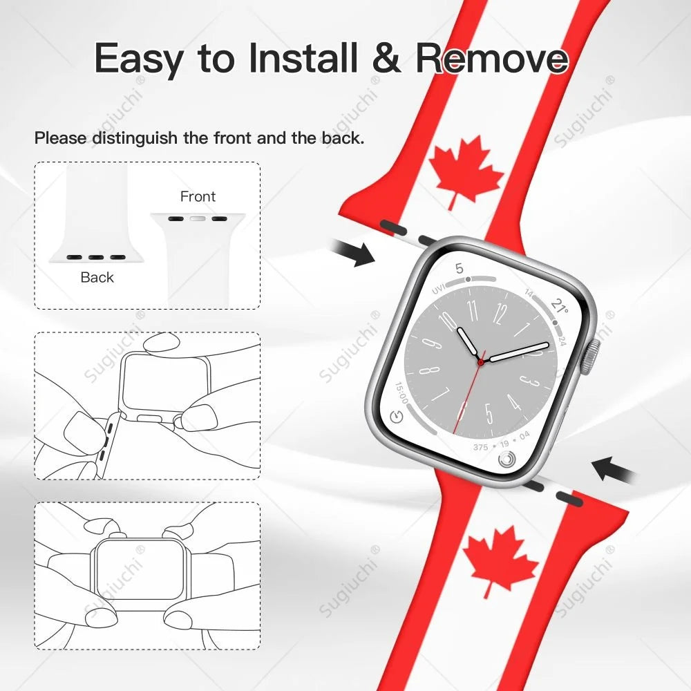 Canada Flag Silicone Sport Watch Band for Apple Watch Ultra 2 / Series 10 9 8 7 6 5 4 SE – Unisex 3D Printed Strap