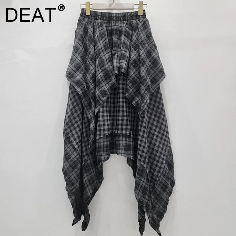 Irregular Plaid Patchwork Pleated A-Line Midi Skirt