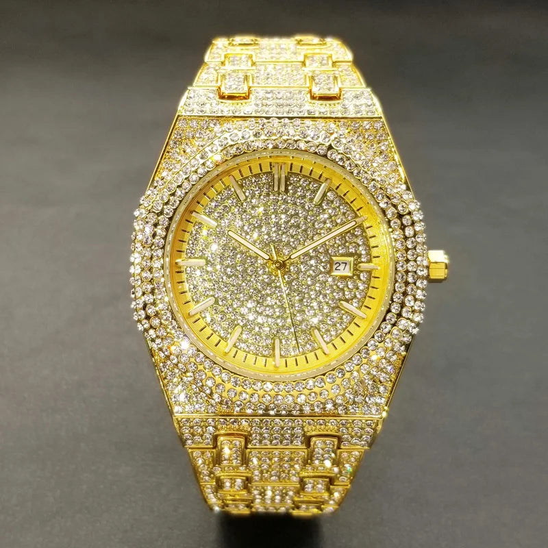 MISSFOX Luxury Diamond Iced Out Men's Quartz Watch, Arabic Numerals Waterproof