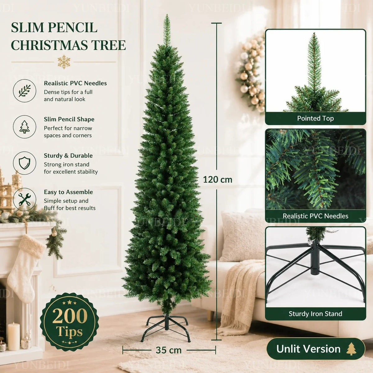 Slim Pencil Artificial Christmas Tree with Metal Stand, 120–210 cm Green PVC Tree with Optional Warm White USB Lights