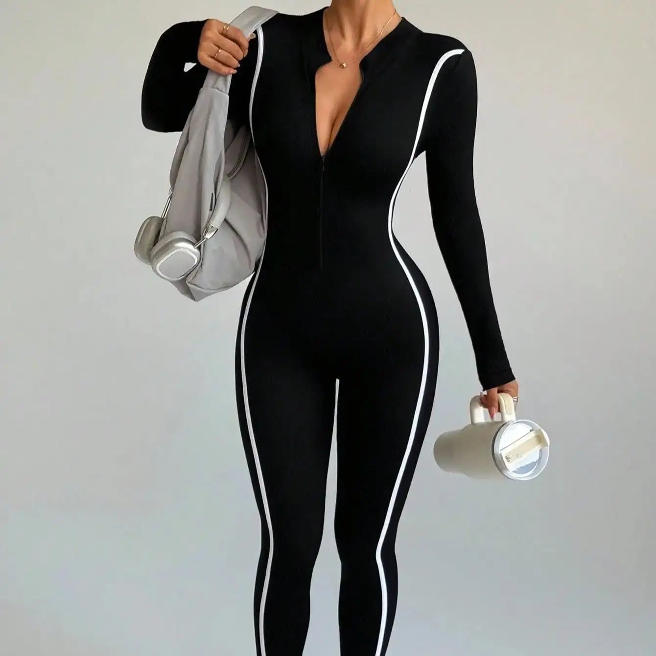 Women’s Color-Block Compression Jumpsuit – One-Piece Quick-Dry Activewear Bodysuit