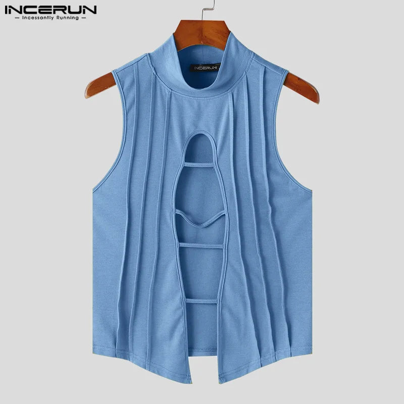 Stylish Clubwear Tops – INCERUN Men's Hollow-Out Semi High Neck Knitted Vests, Fashion Sleeveless Solid Tank Tops (Sizes S–5XL)