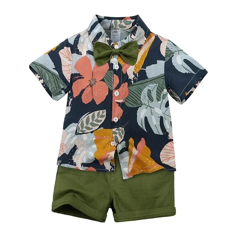 Baby Boys Floral Shirt & Shorts Set with Bowtie, Summer Gentleman Outfit for Infants and Kids