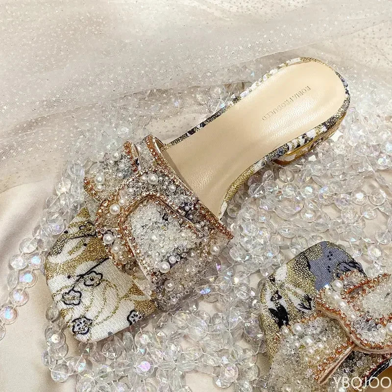 Women’s Slippers 2025 – Luxury Pearl Rhinestone Chunky Heel Sandals, Summer Butterfly-Knot Slip-On Shoes