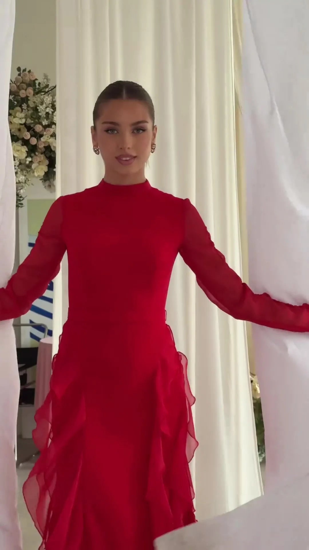 Eid Luxe Flow Gown – Elegant Modestwear Kaftan Inspired by Moroccan Jalabiya, Ruffle Trim Dubai Style Robe Dress for Women"