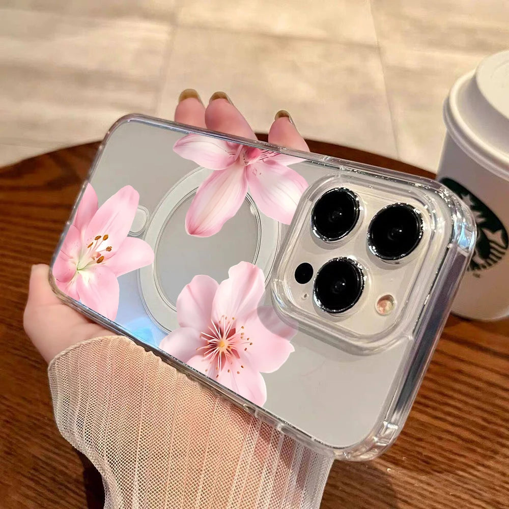 Pink Lily Cherry Blossom Magnetic Clear Phone Case for iPhone