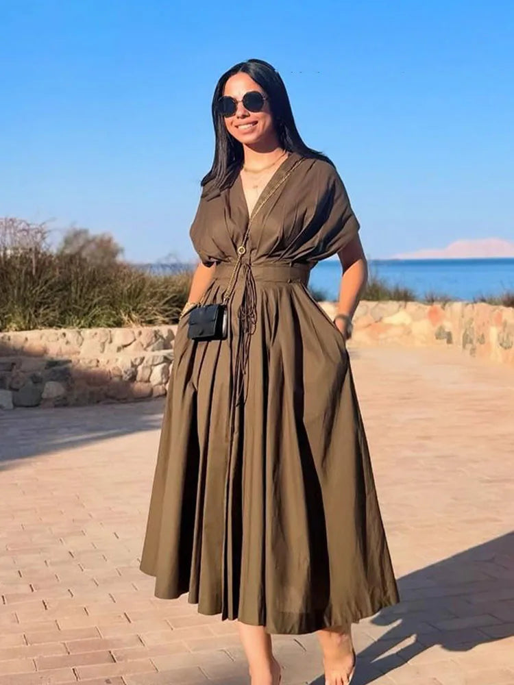 Women's Elegant V-Neck Long Dress – Short Sleeve Lace-Up Bow Waist Casual Dress