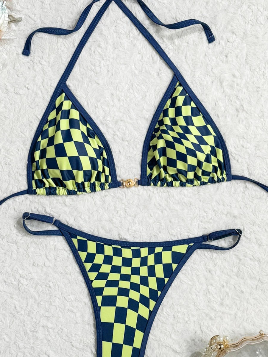 Women’s Two-Piece Bikini Swimsuit, Plaid Swimwear with Ring Detail and High-Leg Design