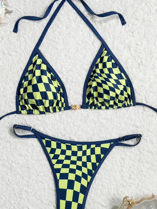 Women’s Two-Piece Bikini Swimsuit, Plaid Swimwear with Ring Detail and High-Leg Design
