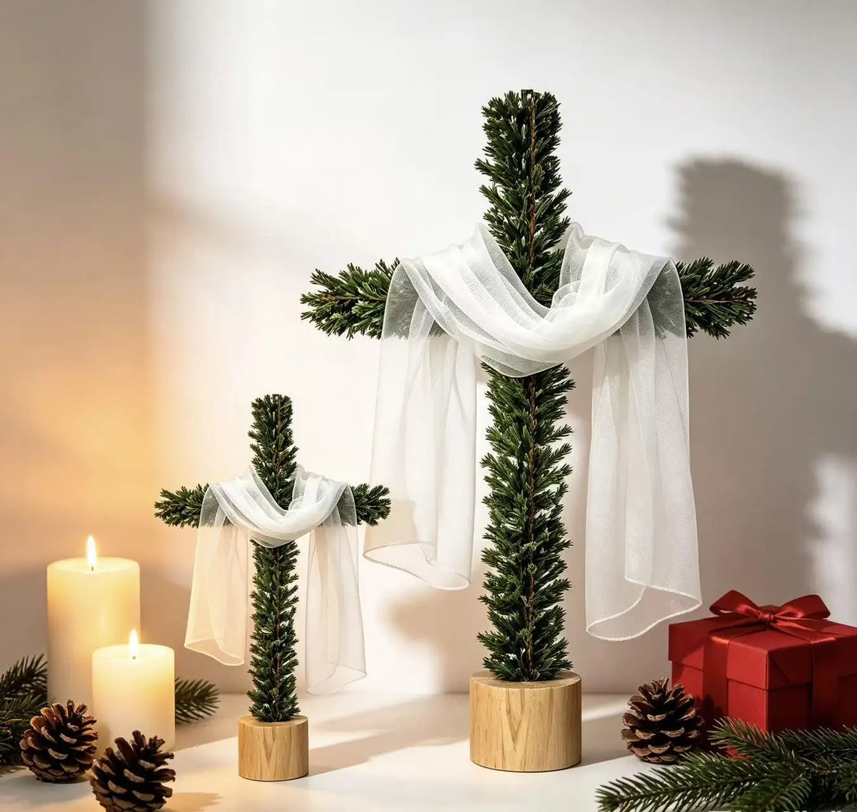 Artificial Pine-Style Greenery Cross with White Fabric Drape and Wood-Look Base for Christmas, Easter and Religious Tabletop Decor