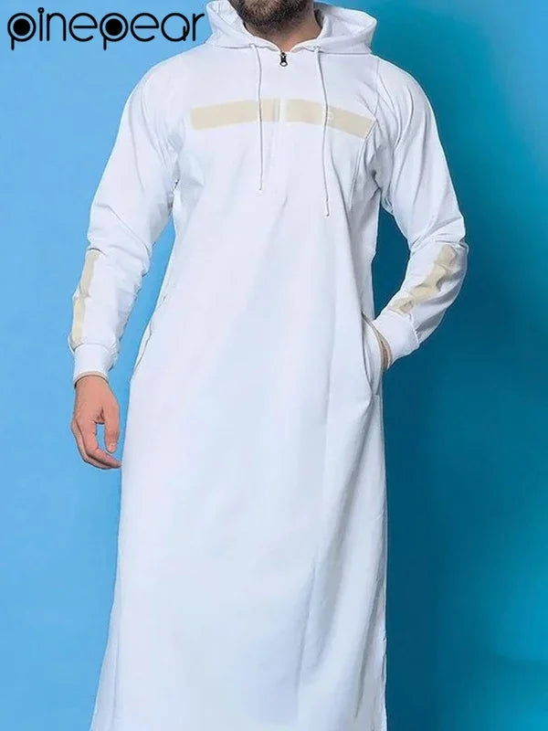 Turkish Clothes PinePear Middle East Ethnic Men Hooded Robe Ramadan Eid Muslim Dress Arab Jubba Thobe Islamic Kaftan Dubai Abaya